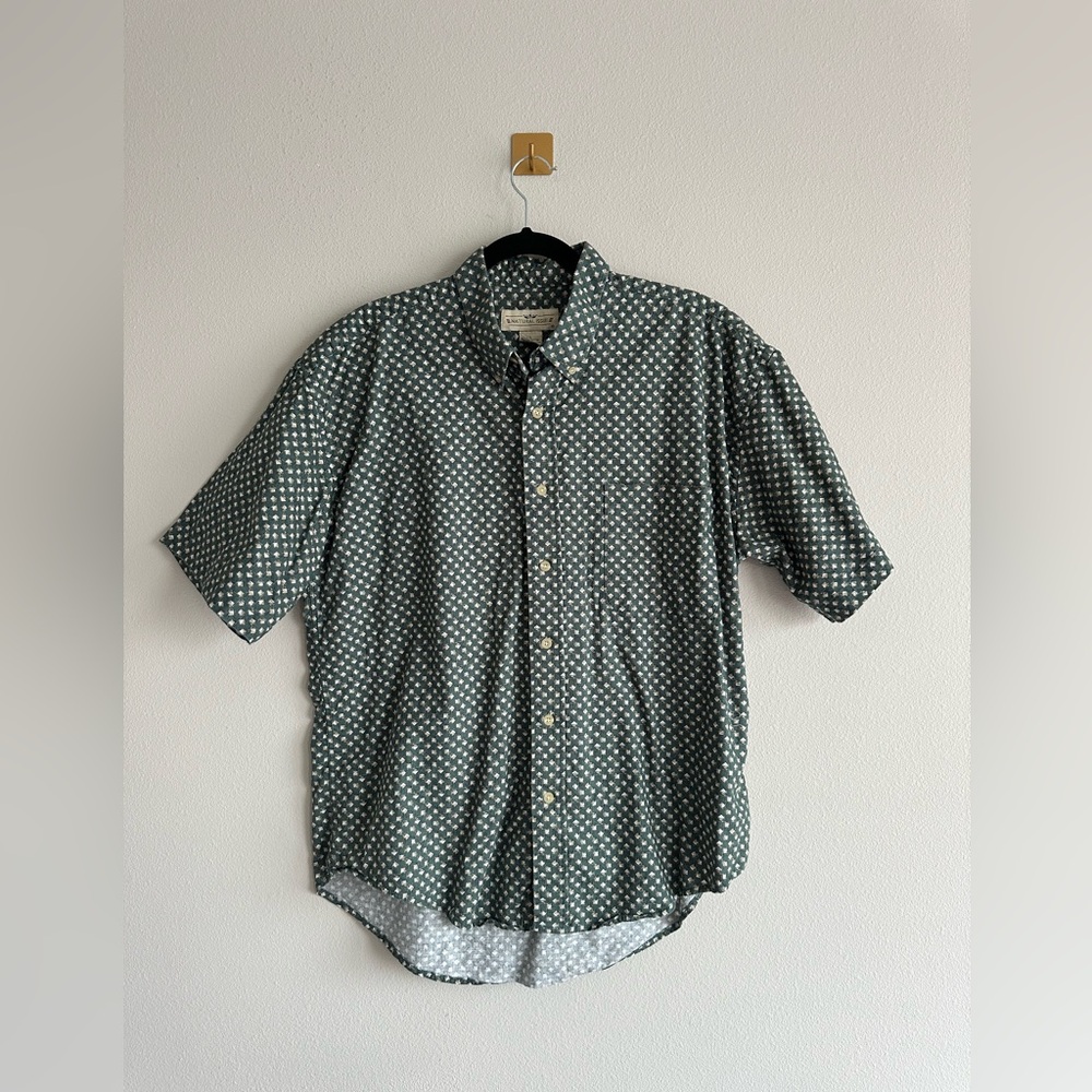 Vintage Men’s Short Sleeve Button-Up Shirt Green 100% Cotton | Size L 90s